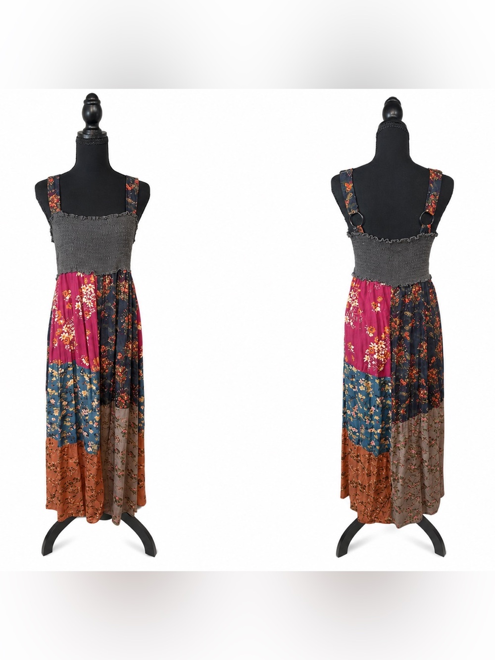 🩶Natural Life Valentina Maxi Dress Boho Patchwork Floral Smocked Medium🤎